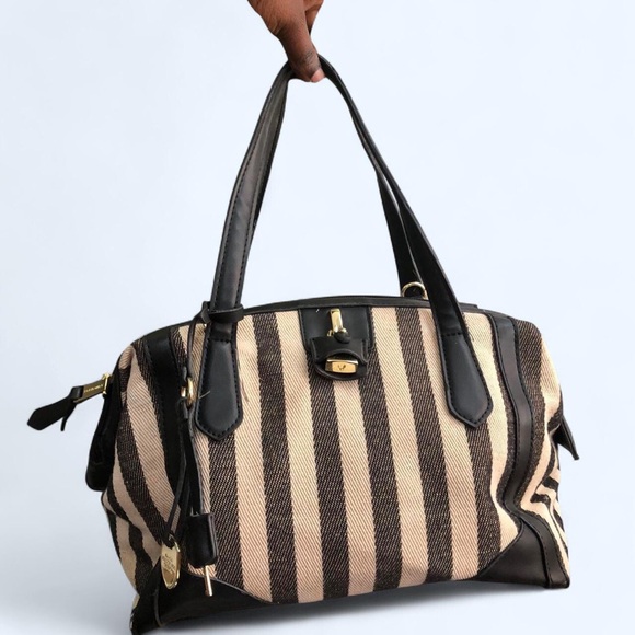 London Fog Black beige striped bowler bowling shoulder hand bag purse satchel - Picture 1 of 5